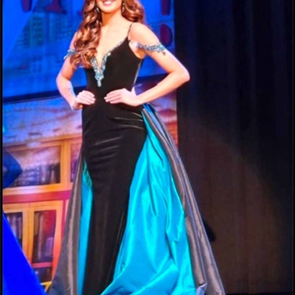 Custom color Johnathan Kayne-  Black and Blue Evening Gown
